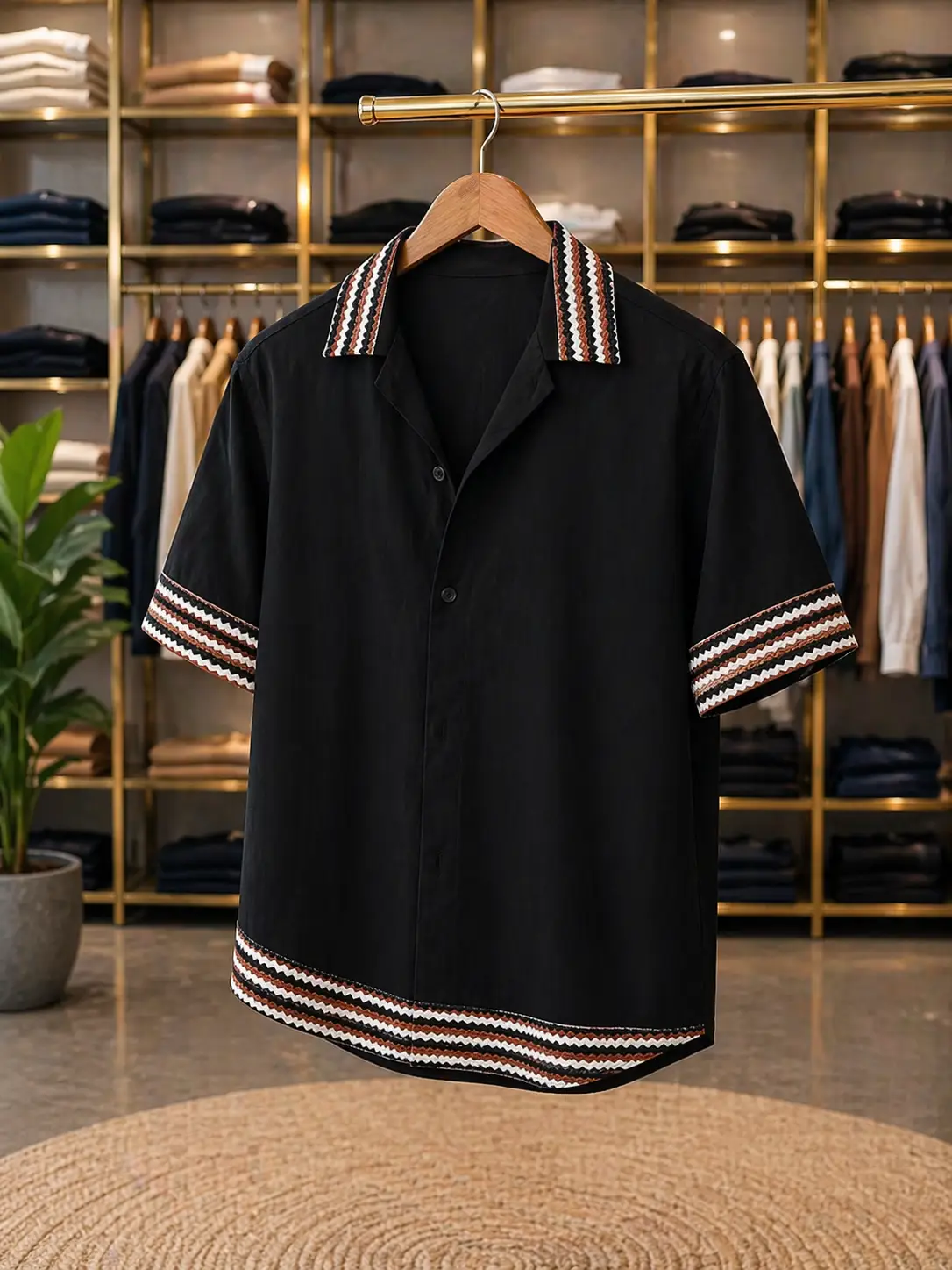 Men's Black Patterned Trim Short-Sleeve Shirt